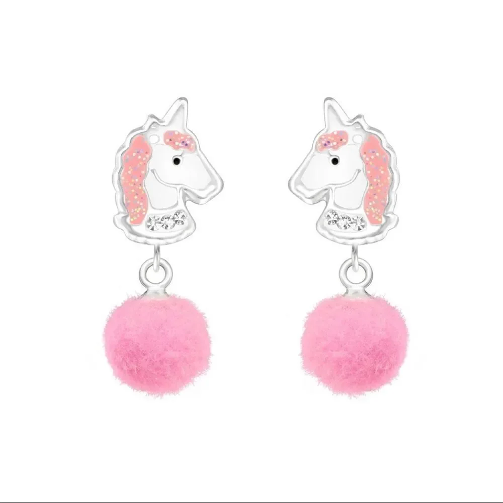 Unicorn Sterling Silver Pom Pom Earrings